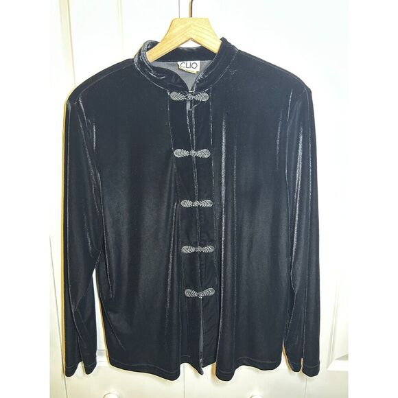 Clio Tops - Vintage 90s CLIO Black Velvet Mandarin Collar Frog Closure Jacket Blouse L